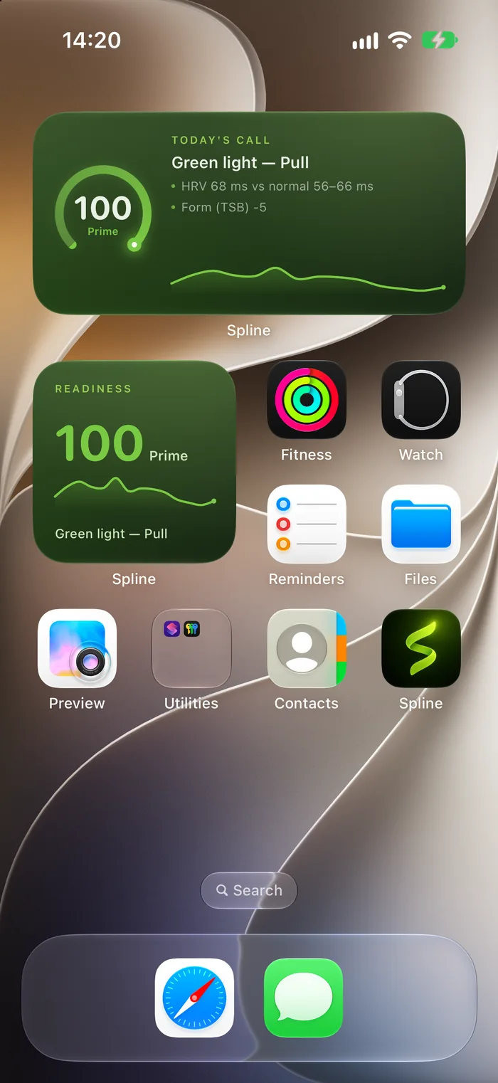 iPhone Home Screen with a medium Spline widget showing today's call, Green light for Pull, and a small readiness widget showing 100, Prime