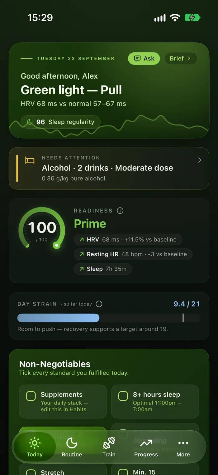 Spline Today screen: the call Green light for Pull because HRV is 68 ms against a normal range of 57 to 67 ms, an alert about last night's two drinks, readiness 100 with its drivers, and day strain