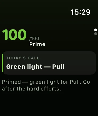 Spline on Apple Watch: readiness 100, Prime, and today's call, Green light for Pull