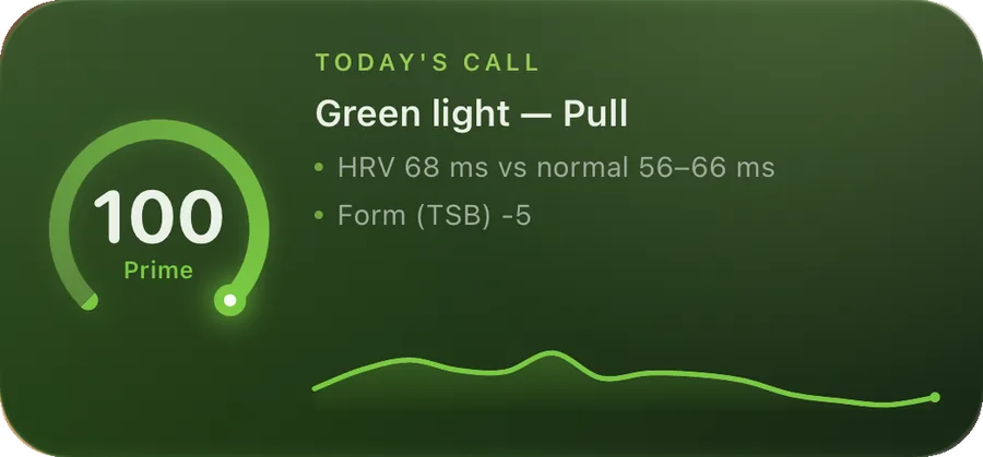 Spline medium widget on the Home Screen: readiness 100, Prime, and today's call, Green light for Pull
